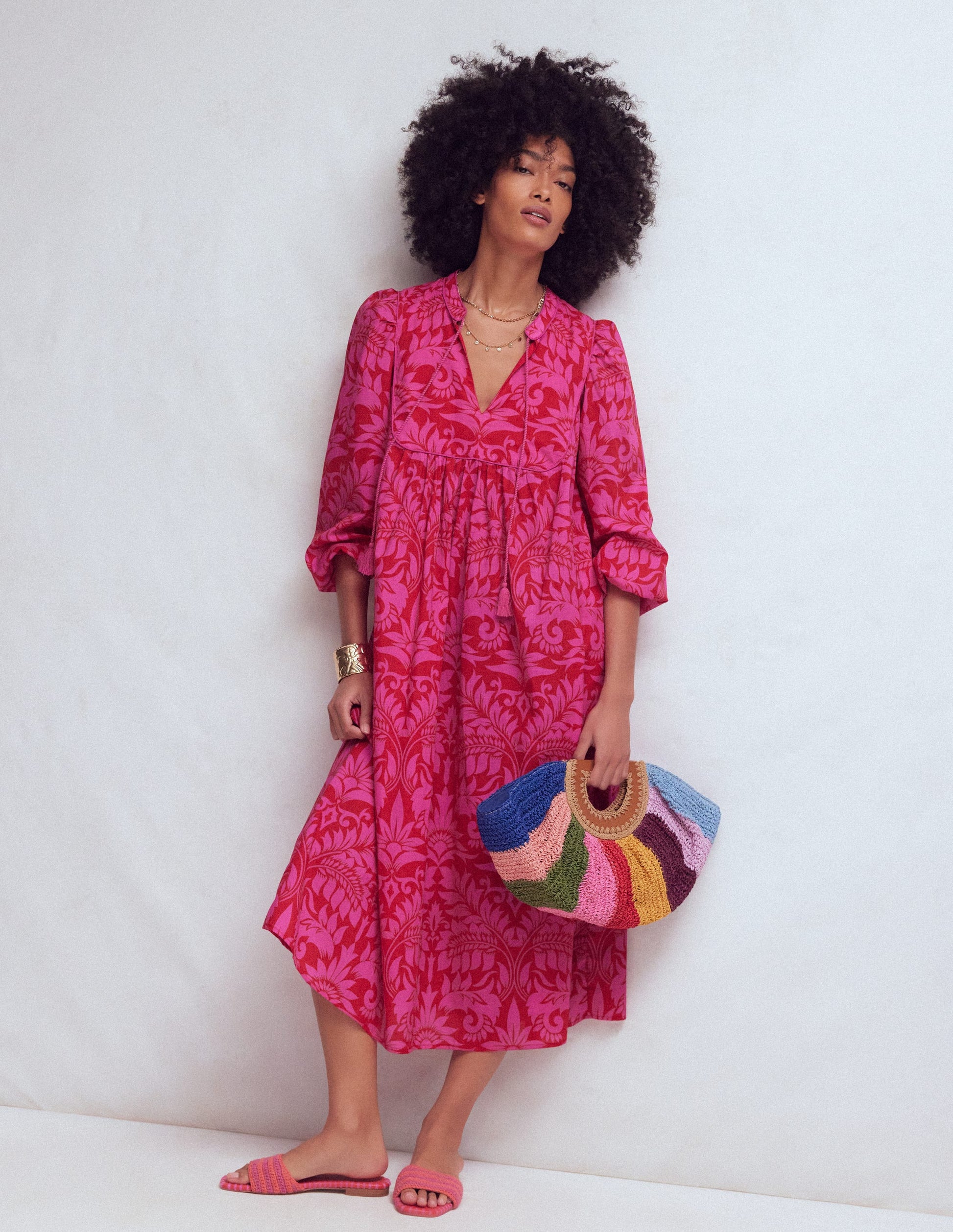 Boho-Kaftan mit Bindeband am Ausschnitt-Rot Blütenpracht-1