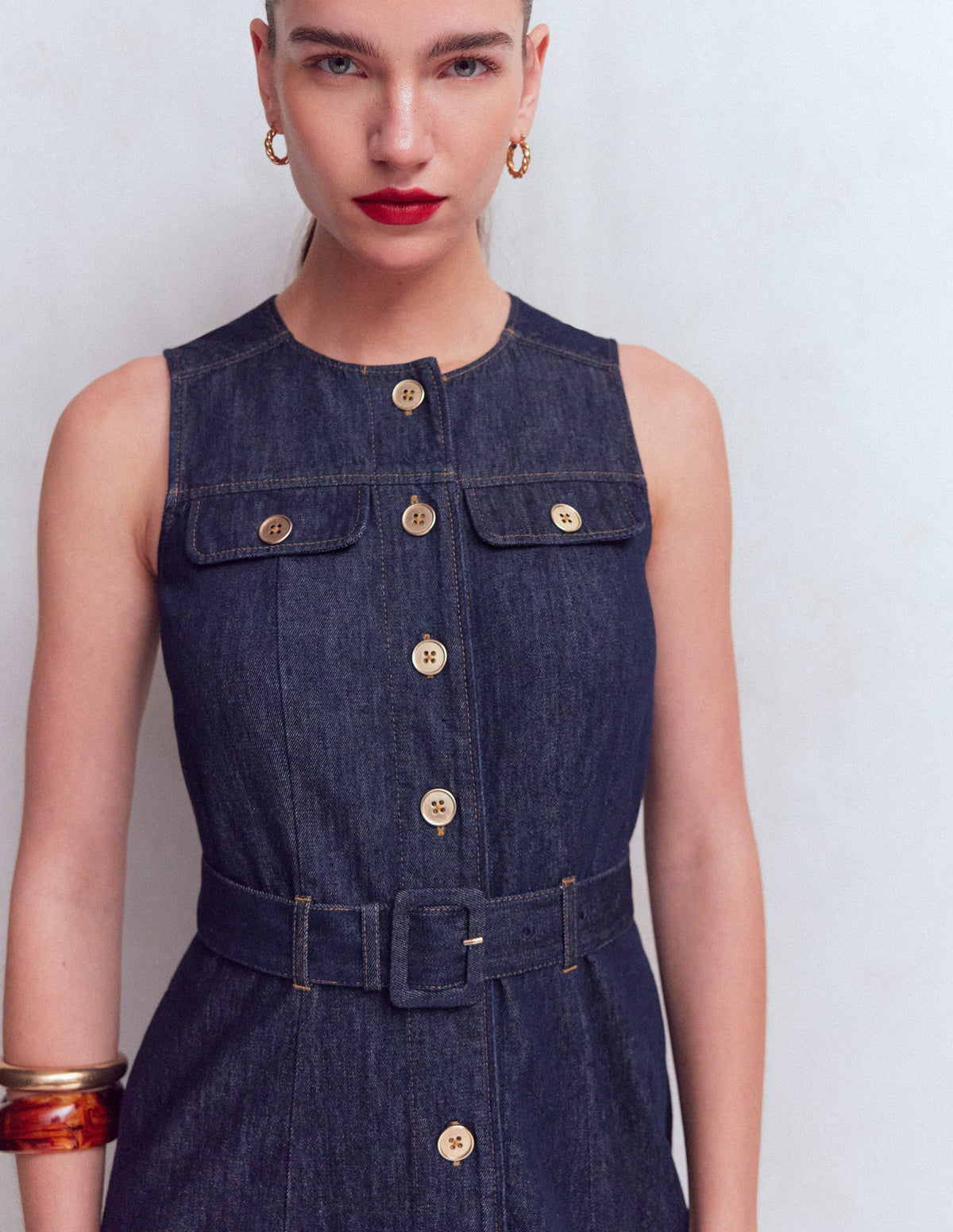 Robe midi en jean à boutons dorés-Indigo-2