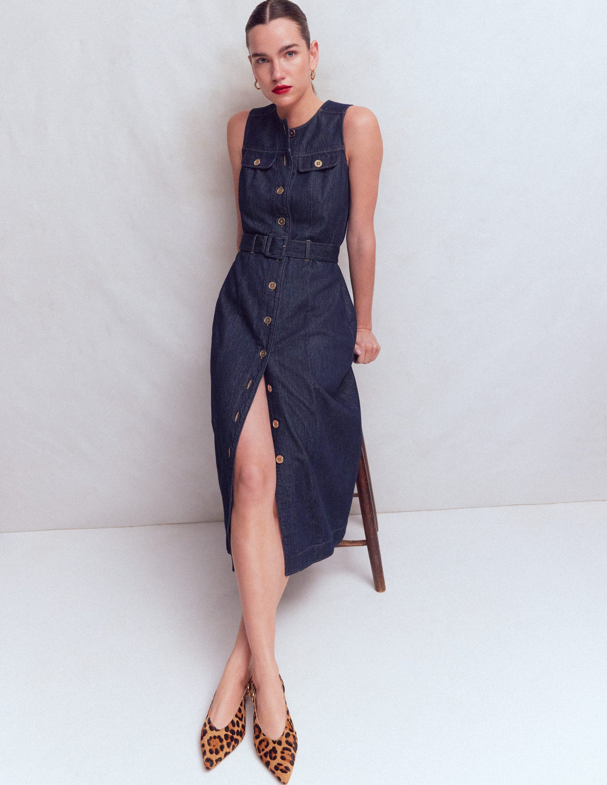 Robe midi en jean à boutons dorés-Indigo-4