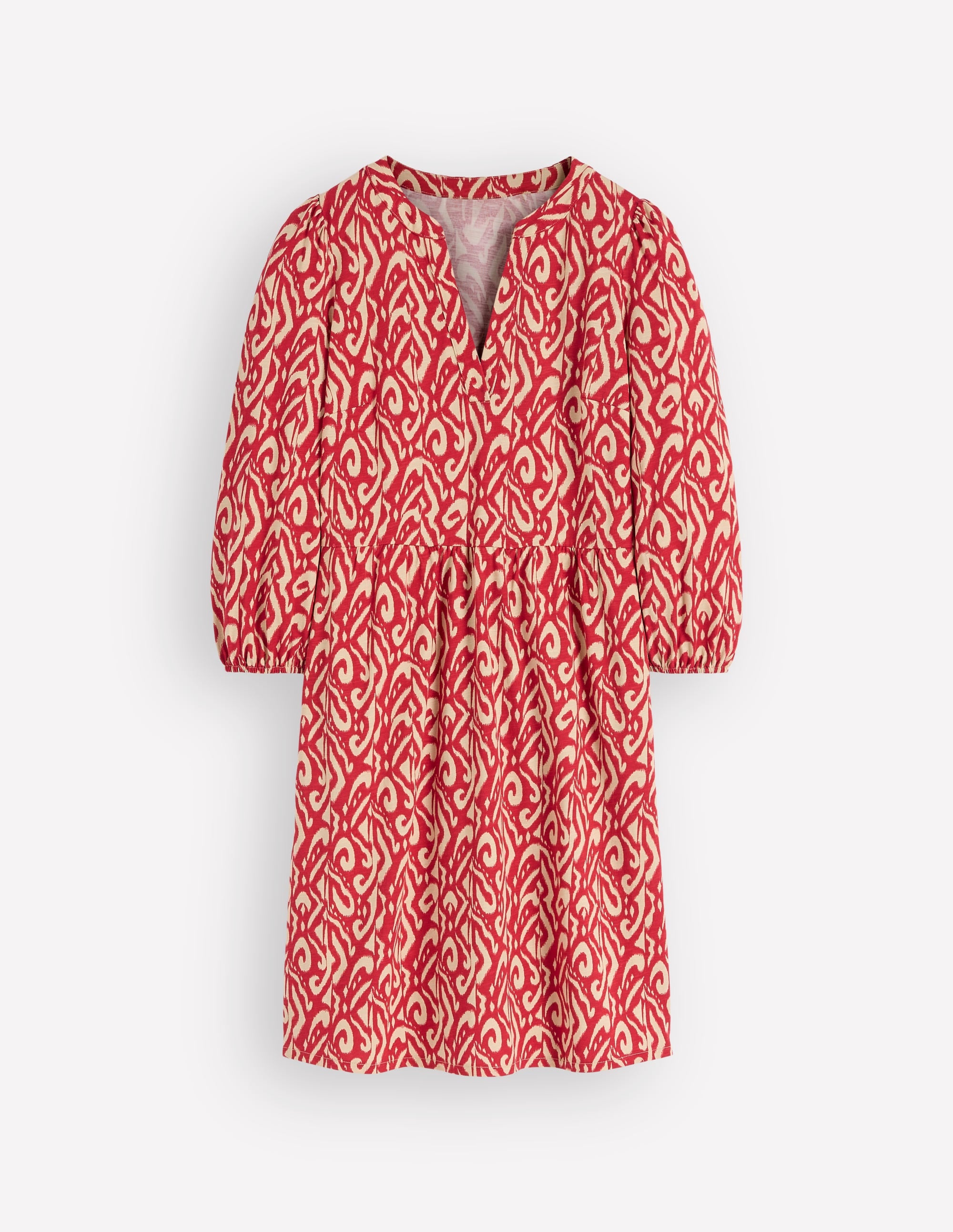 Cathy Jerseykleid mit gekerbtem Ausschnitt-Merida-Rot, Aztekenmuster - Image 6