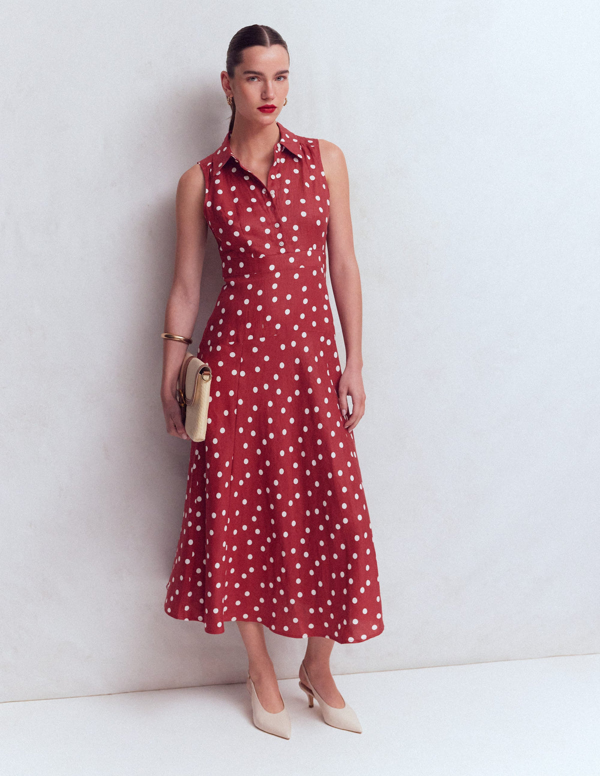 Erma Leinenkleid mit tiefer Taille-Rot Gemalte Tupfen-1
