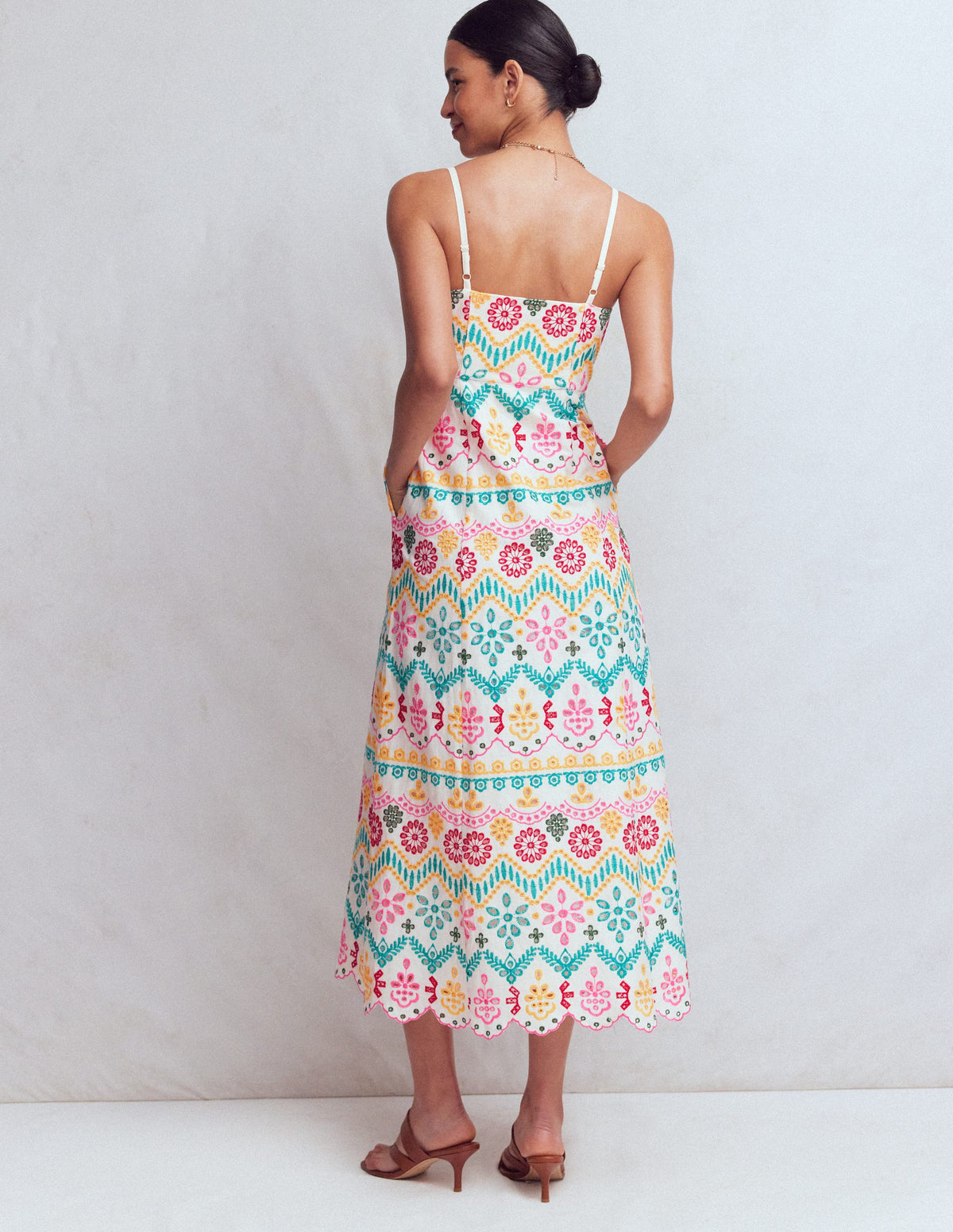 Robe en lin à taille empire et broderie anglaise-Broderie anglaise multi - Image 3