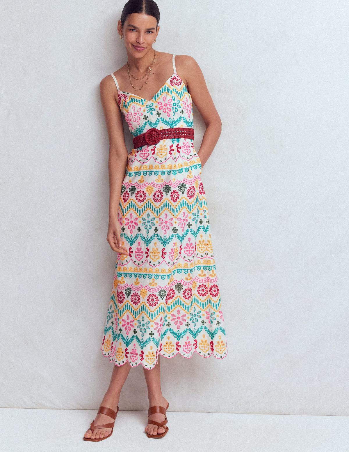 Robe en lin à taille empire et broderie anglaise-Broderie anglaise multi - Image 4