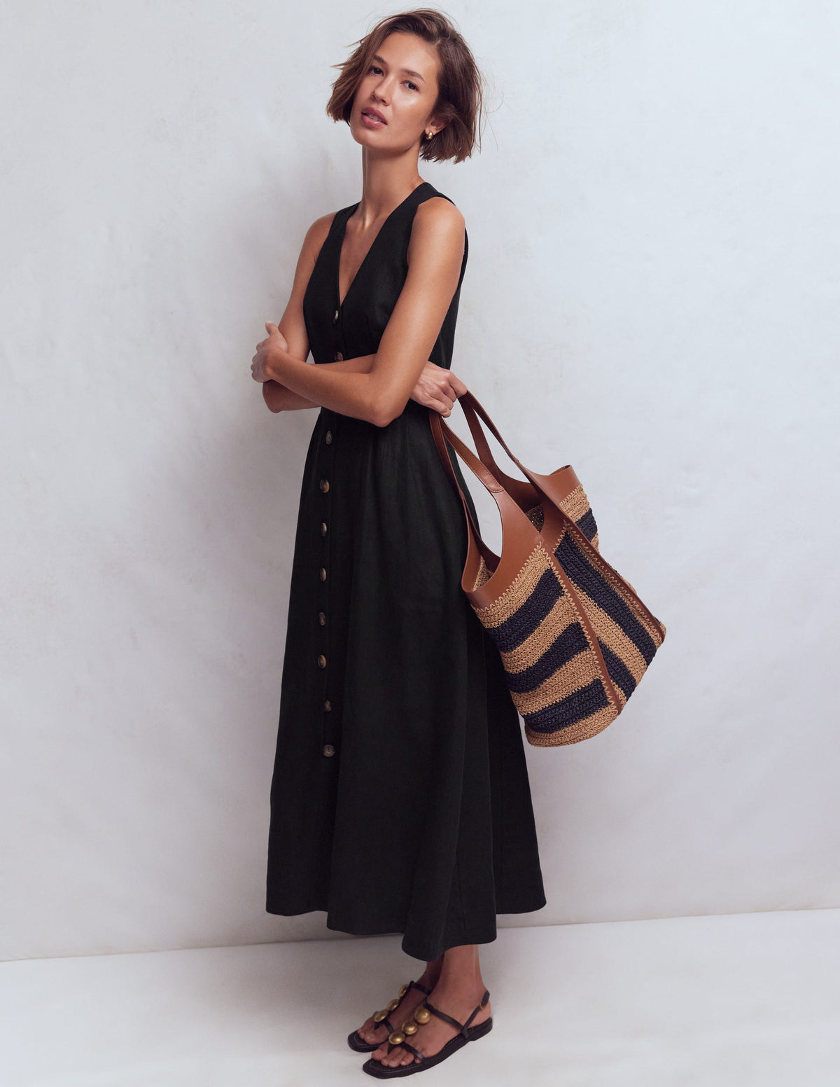 Robe Catherine boutonnée en lin-Noir - Image 5