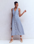 Robe Catherine boutonnée en lin-Bleu chambray