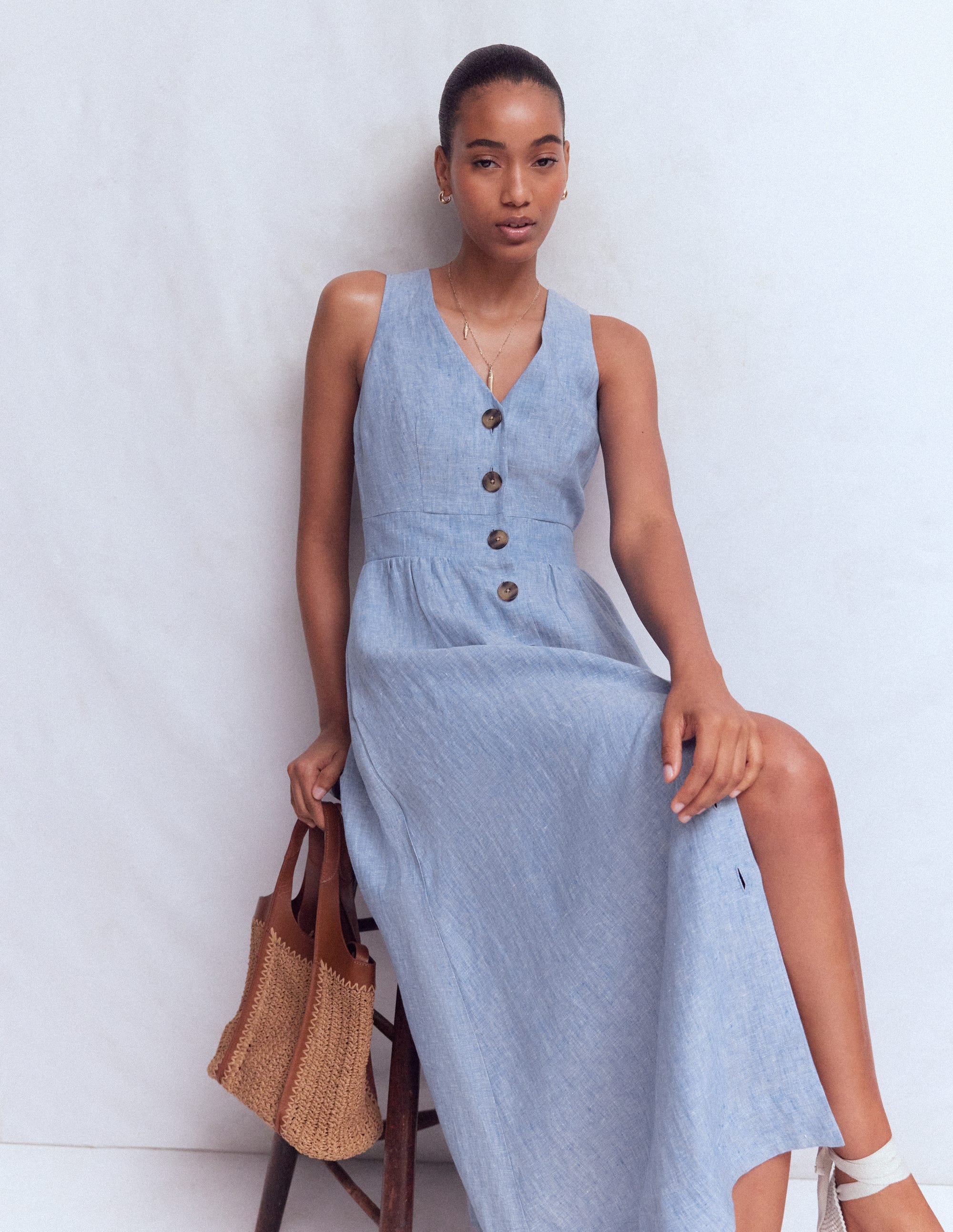 Robe Catherine boutonnée en lin-Bleu chambray - Image 4
