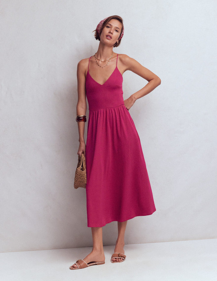 Robe croisée dans le dos en jersey-Rouge betterave