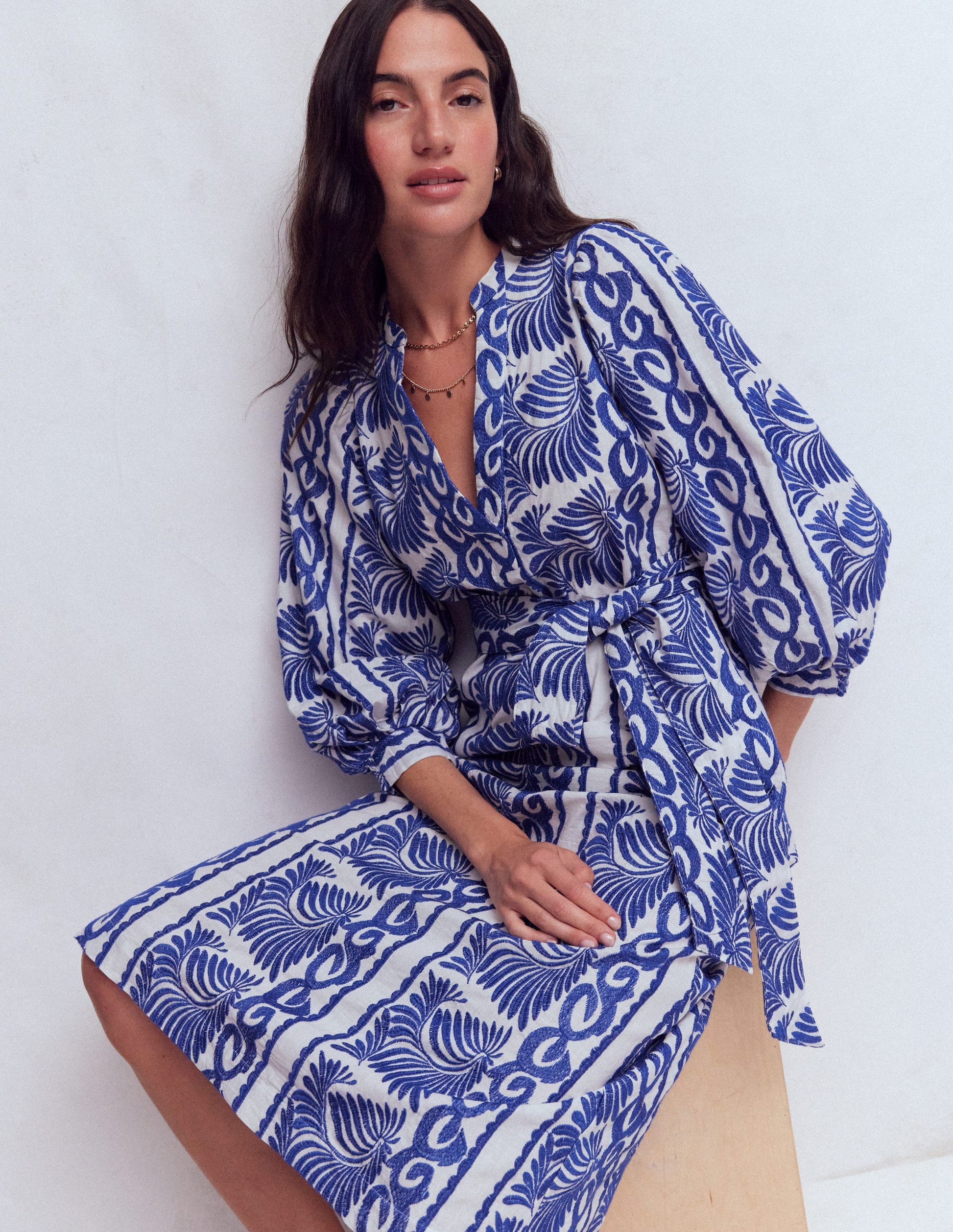 Robe Octavia en coton-Broderie bleue ivoire-1