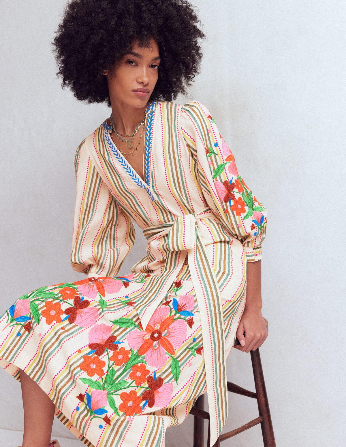 Robe Octavia en coton-Rayé multi broderie - Image 1