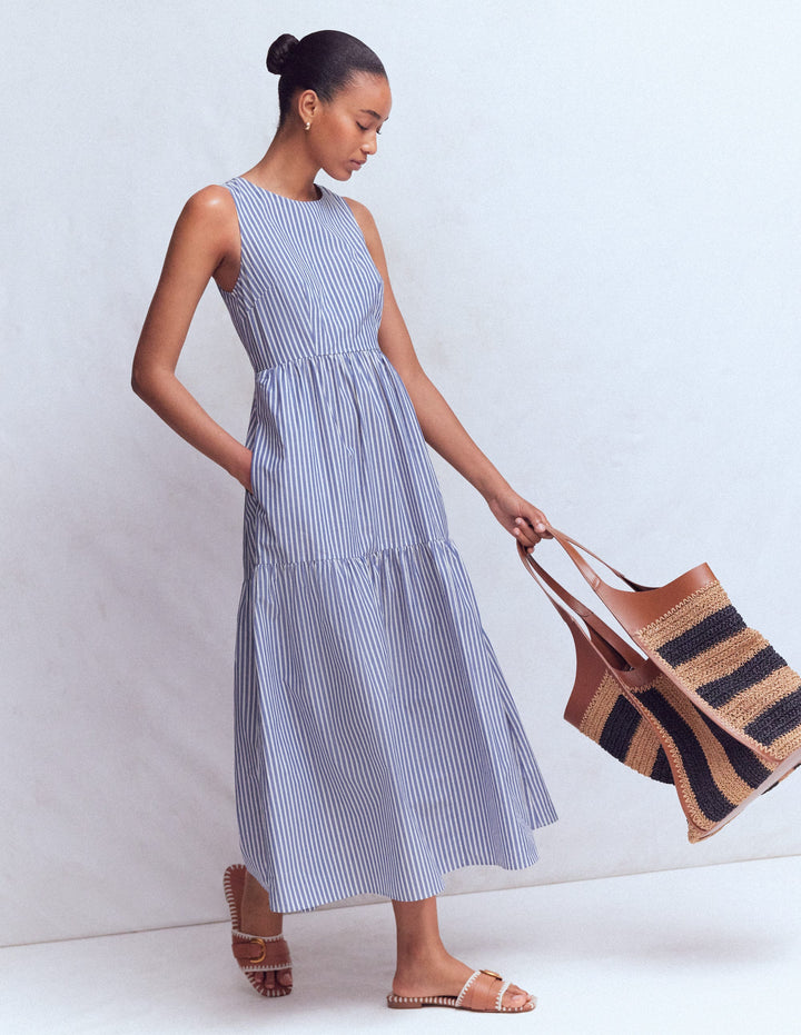 Robe sans manches en popeline-Rayé bleu connecté