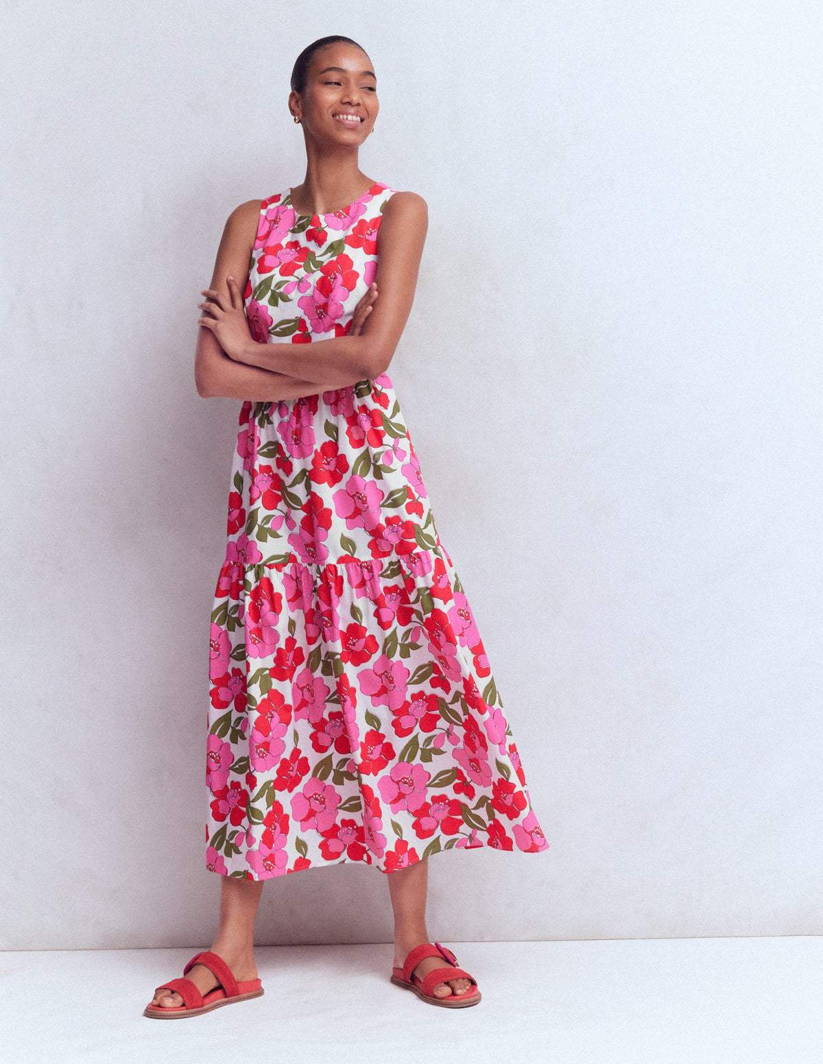 Robe sans manches en popeline-Rouge, motif Radiant Bloom - Image 3