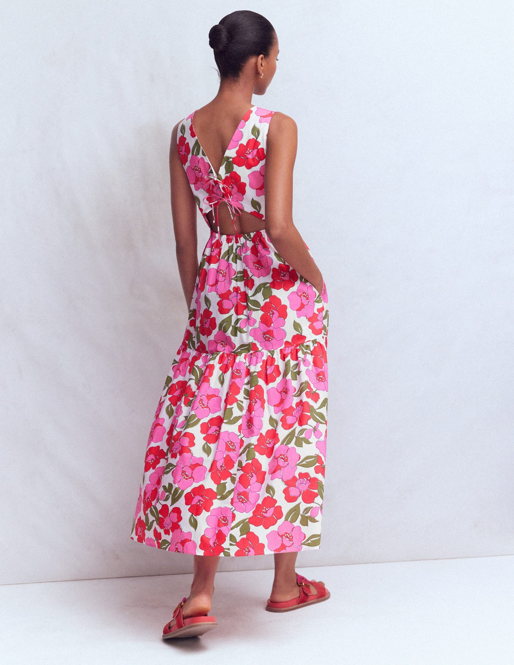 Robe sans manches en popeline-Rouge, motif Radiant Bloom-5