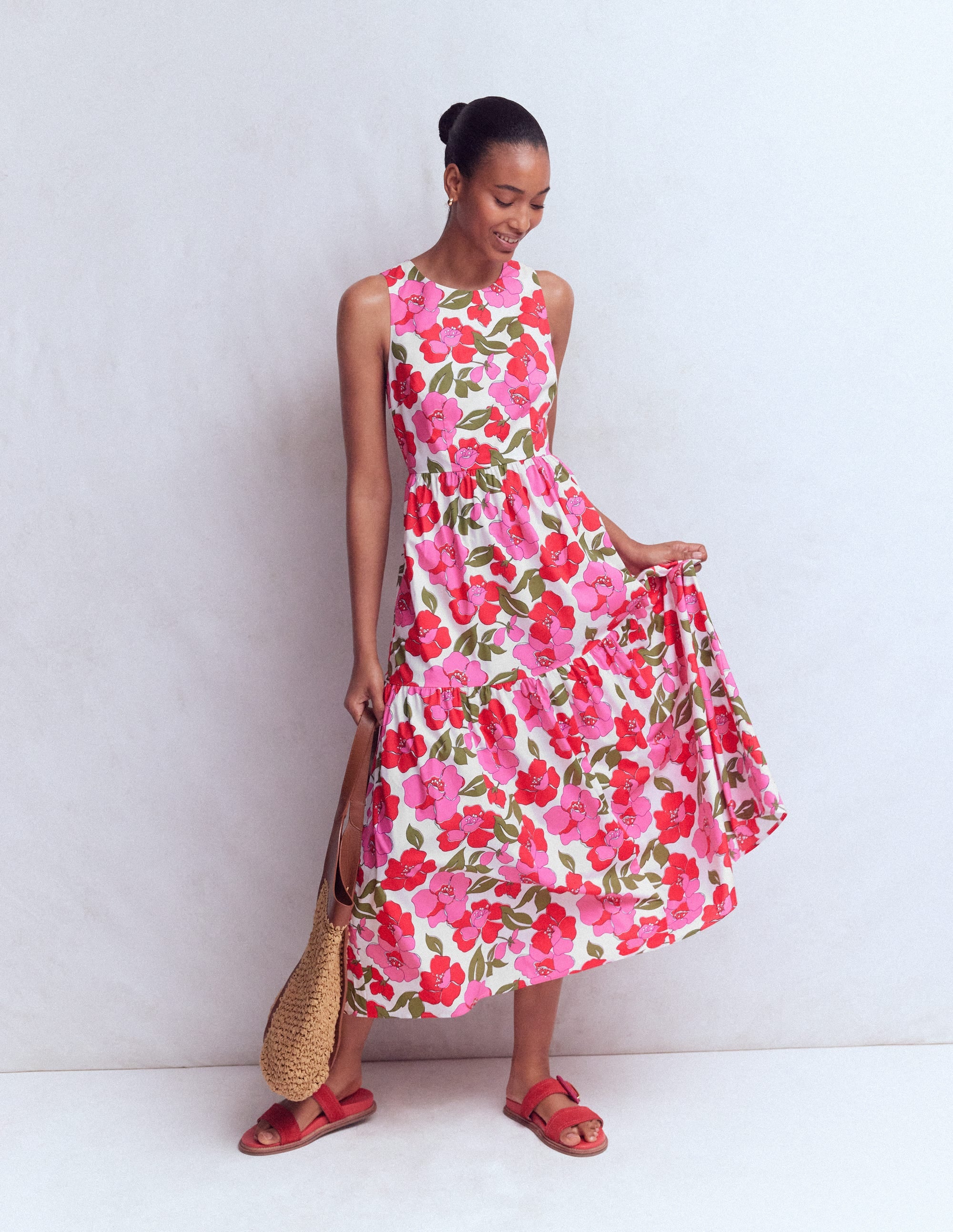 Robe sans manches en popeline-Rouge, motif Radiant Bloom - Image 7