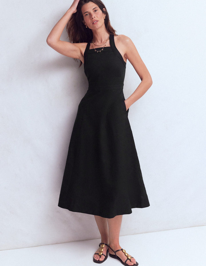 Robe croisée dans le dos en lin mélangé-Noir