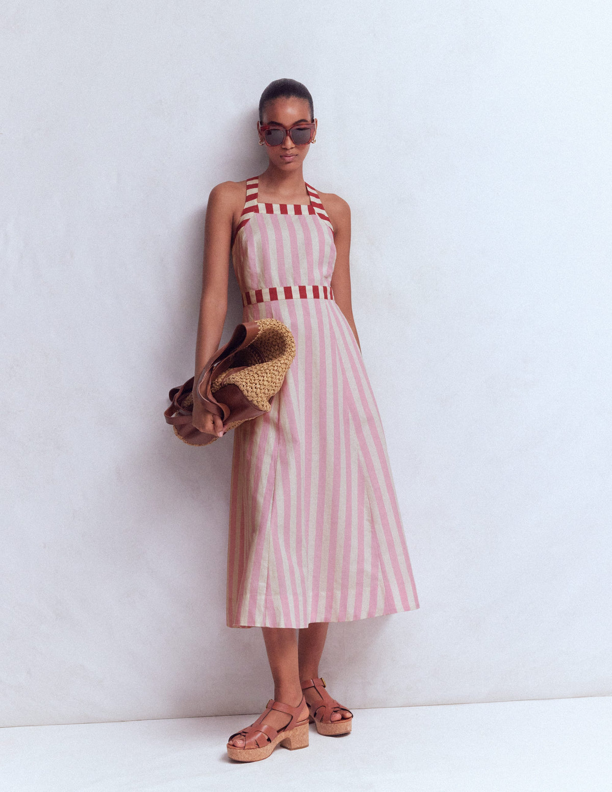 Robe croisée dans le dos en lin mélangé-Rayé rose orchidée-3