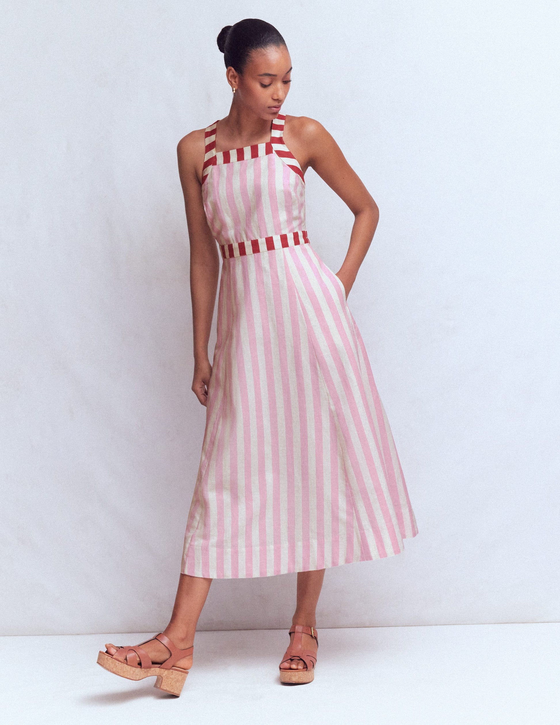 Robe croisée dans le dos en lin mélangé-Rayé rose orchidée-6