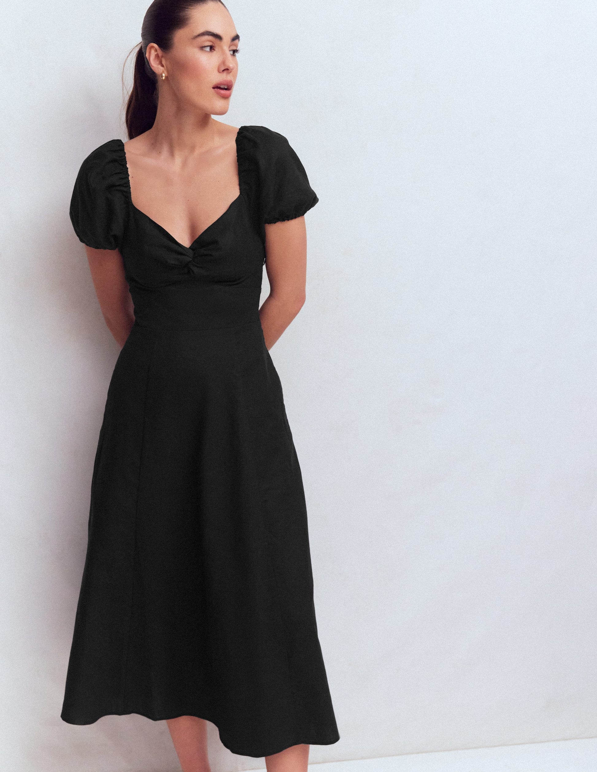 Robe torsadée sur le devant en lin mélangé-Noir-1