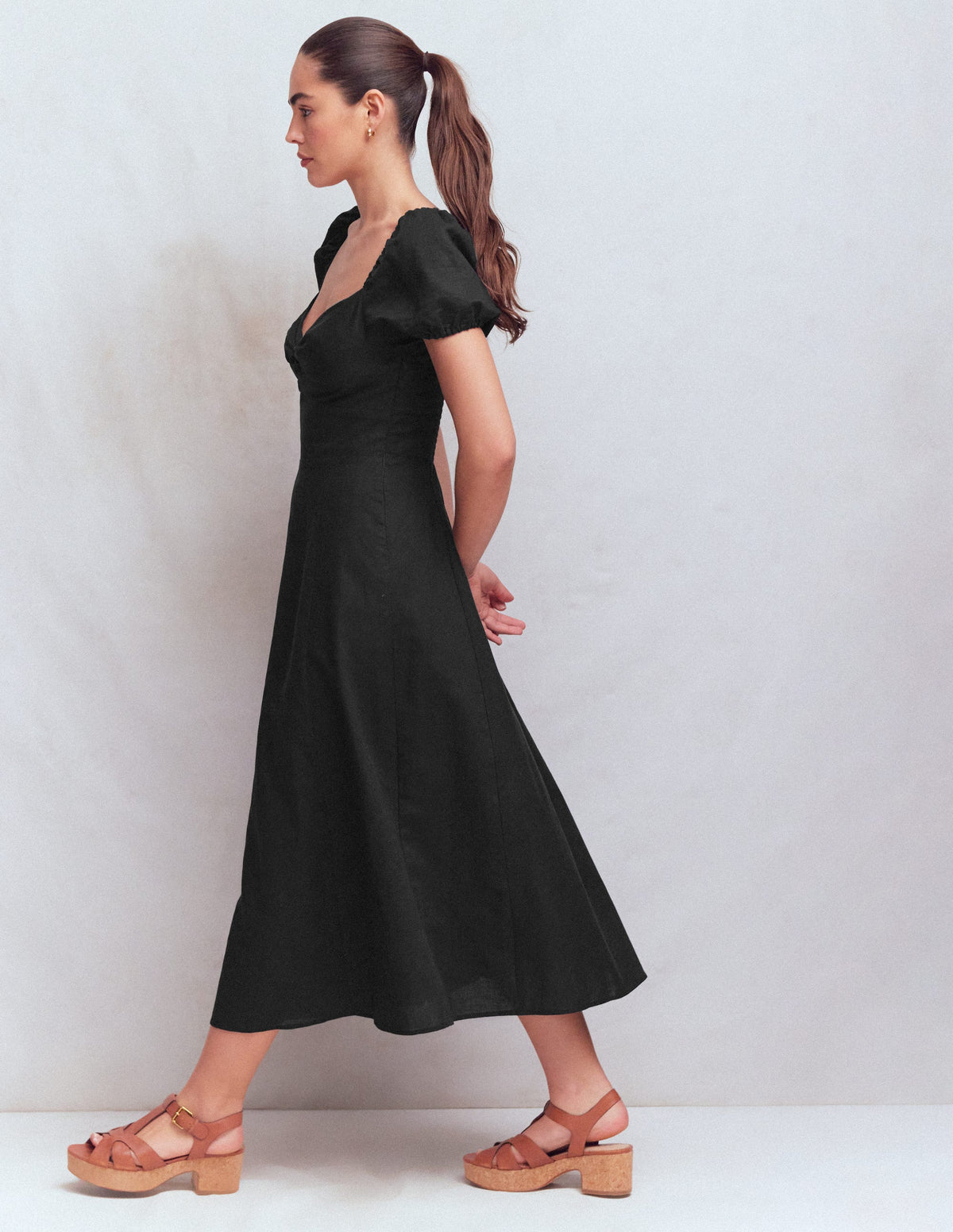 Robe torsadée sur le devant en lin mélangé-Noir - Image 5