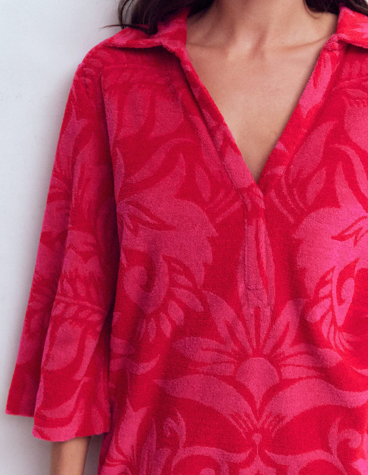 Short Collared Towelling Dress-Merida Red, Ornamental Foliage-2