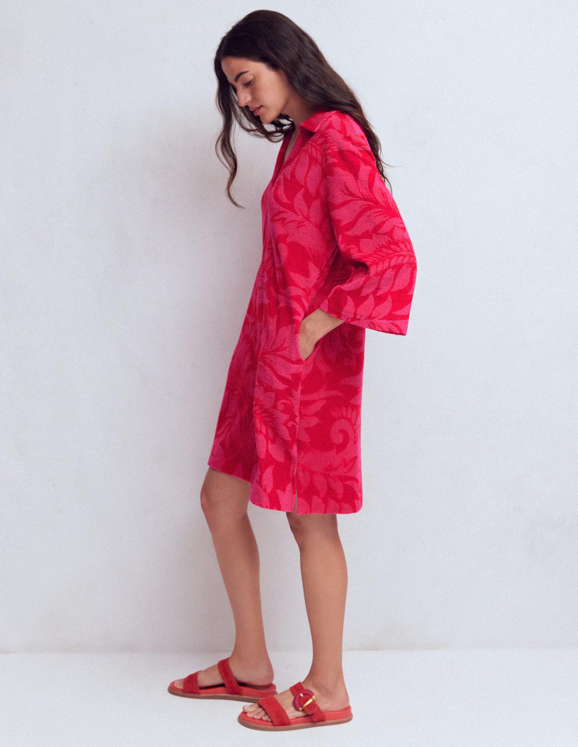 Short Collared Towelling Dress-Merida Red, Ornamental Foliage-4