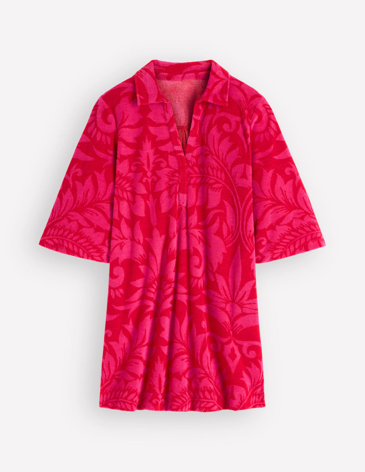 Short Collared Towelling Dress-Merida Red, Ornamental Foliage - Image 7