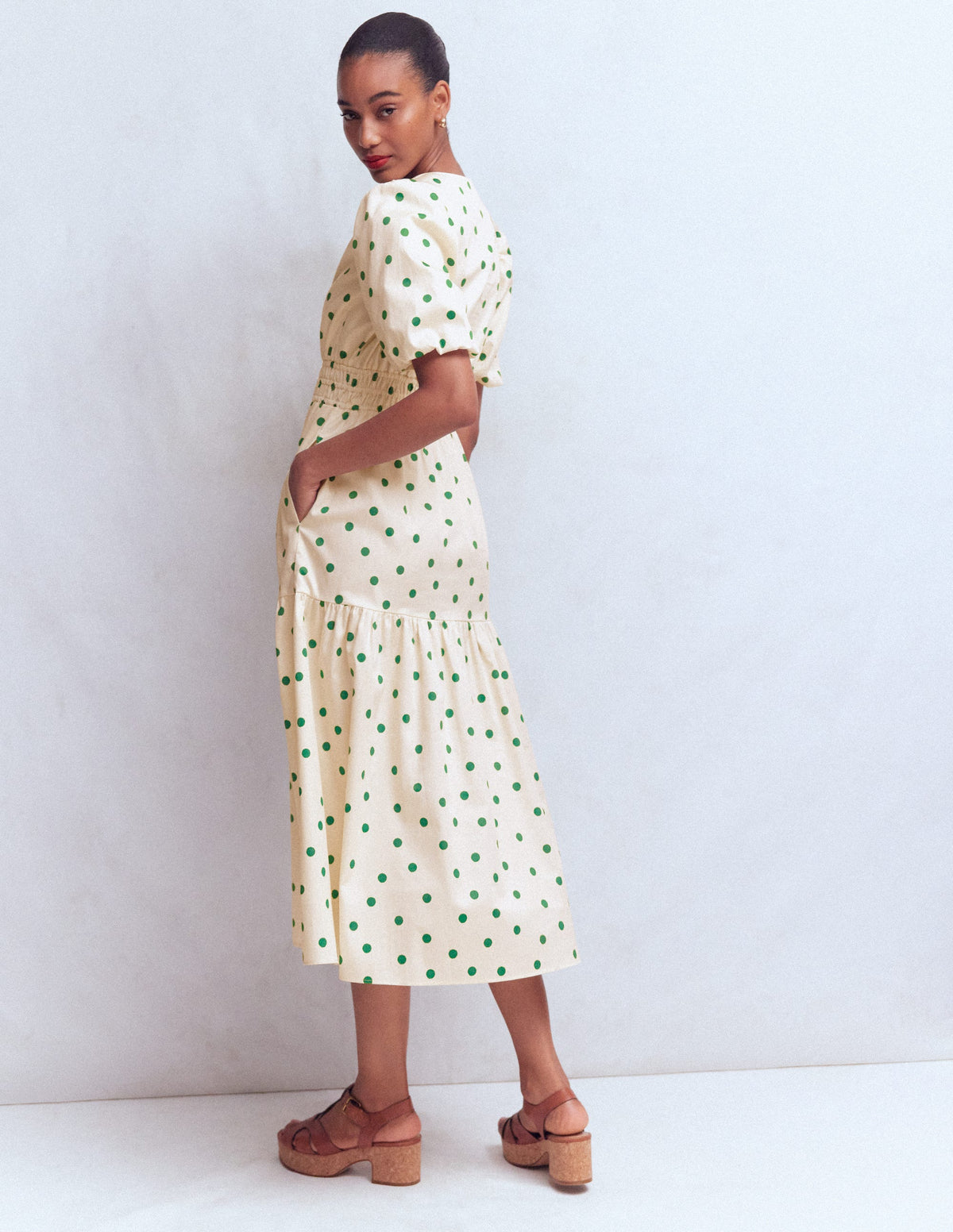 Robe Irene en coton à manches bouffantes-Papyrus, pois peints espacés-4