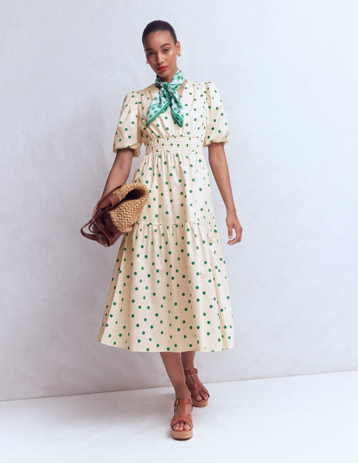 Robe Irene en coton à manches bouffantes-Papyrus, pois peints espacés - Image 6