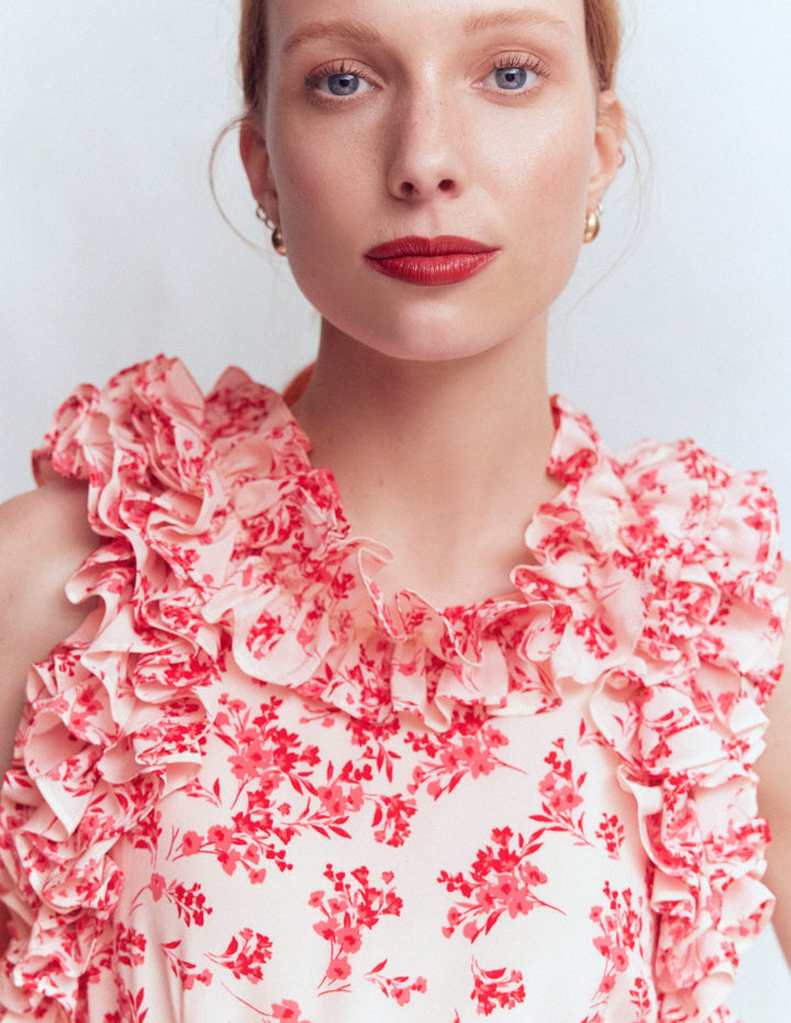 Robe midi en soie à volants-Motif Bloom Scatter Mono rose