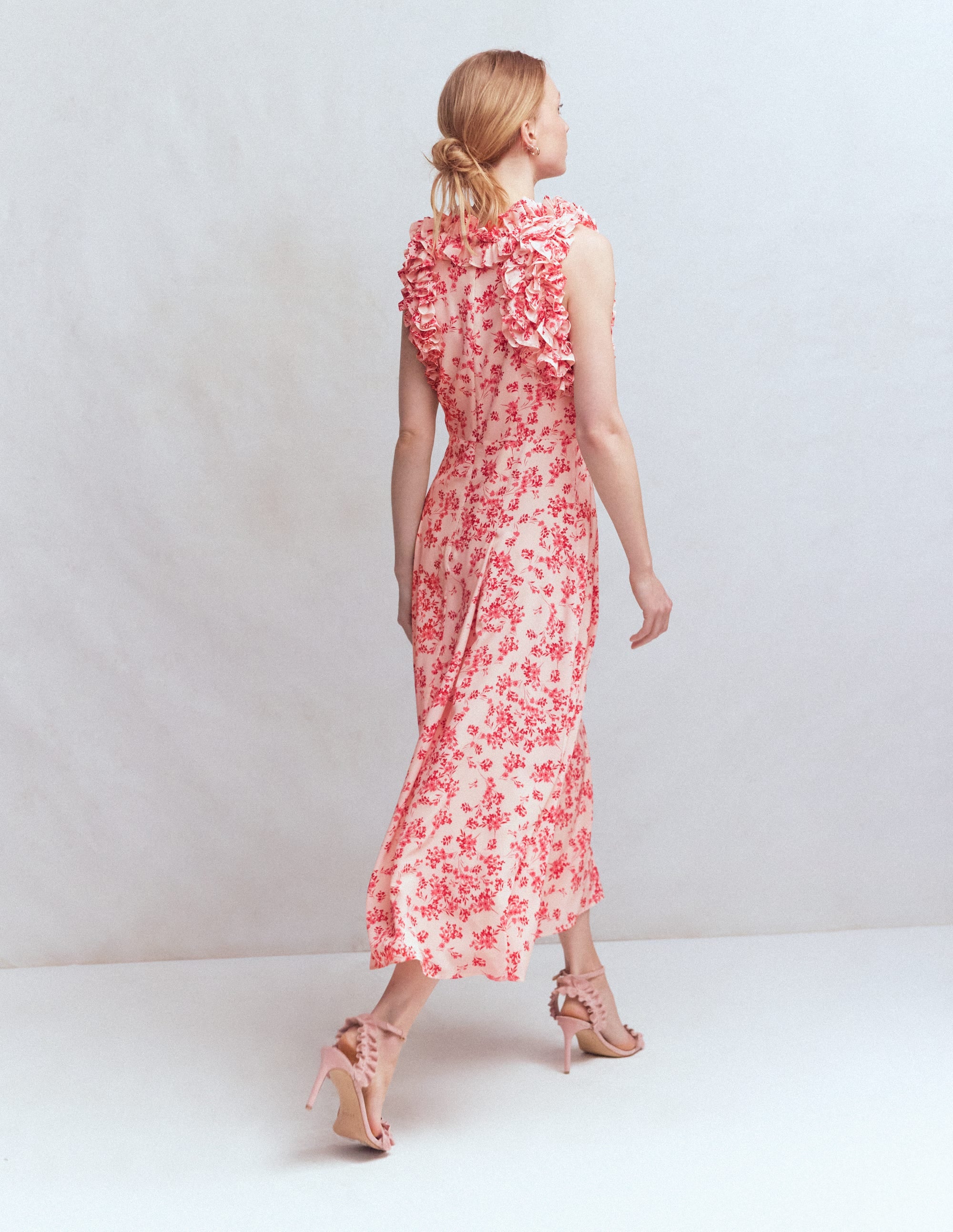 Ruffle Silk Midi Dress-Pink Bloom Scatter Mono - Image 2