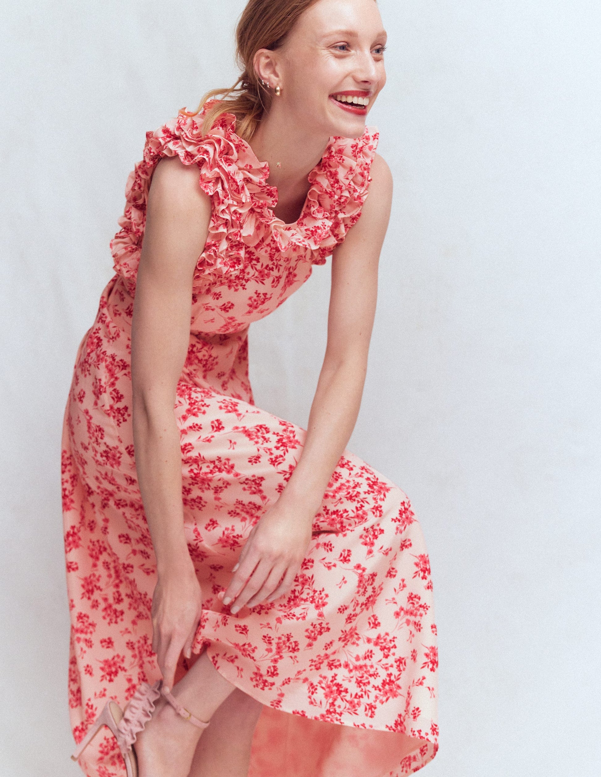 Ruffle Silk Midi Dress-Pink Bloom Scatter Mono-3