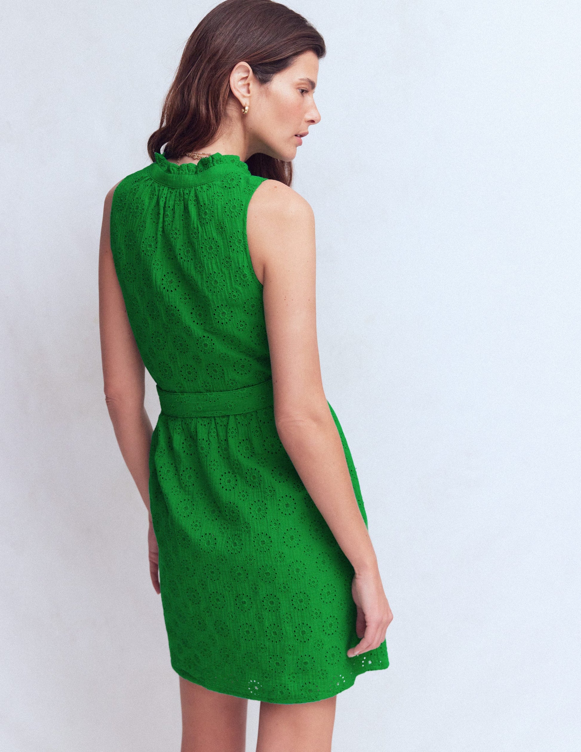 Viv Kurzes Doppeltuch-Kleid-Highland-Grün Lochstickerei-3
