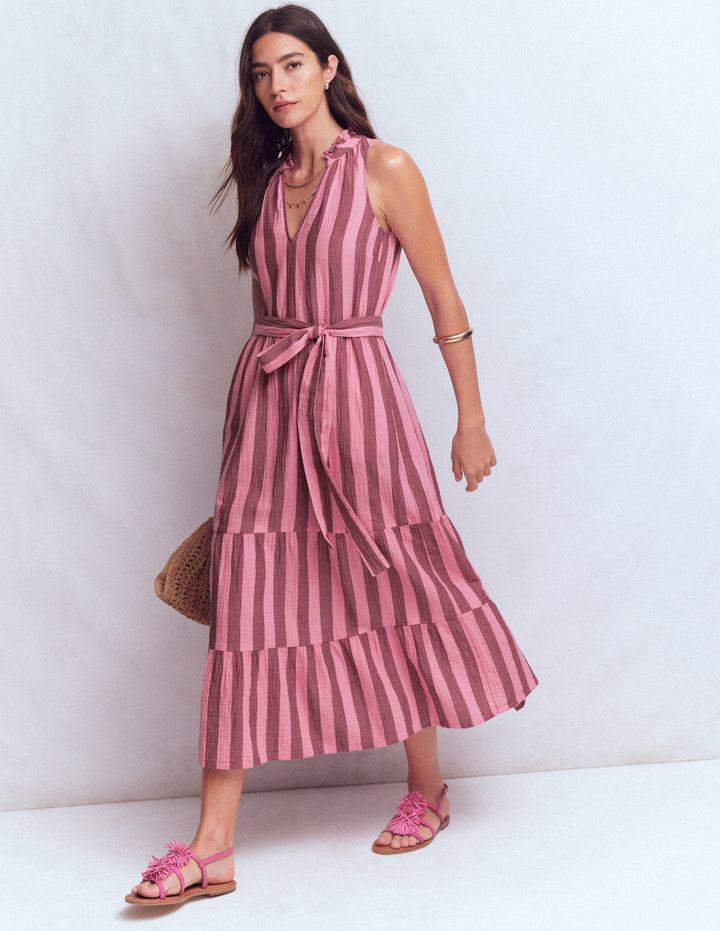 Viv Doppeltuch-Maxikleid-Braun Rosa Streifen