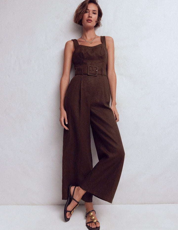 Leinen-Jumpsuit mit  Einsätzen am Oberteil-Bitterschokolade