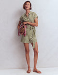 Kay Leinen-Jumpsuit-Olivgrün, Naturweiß Vichykaro