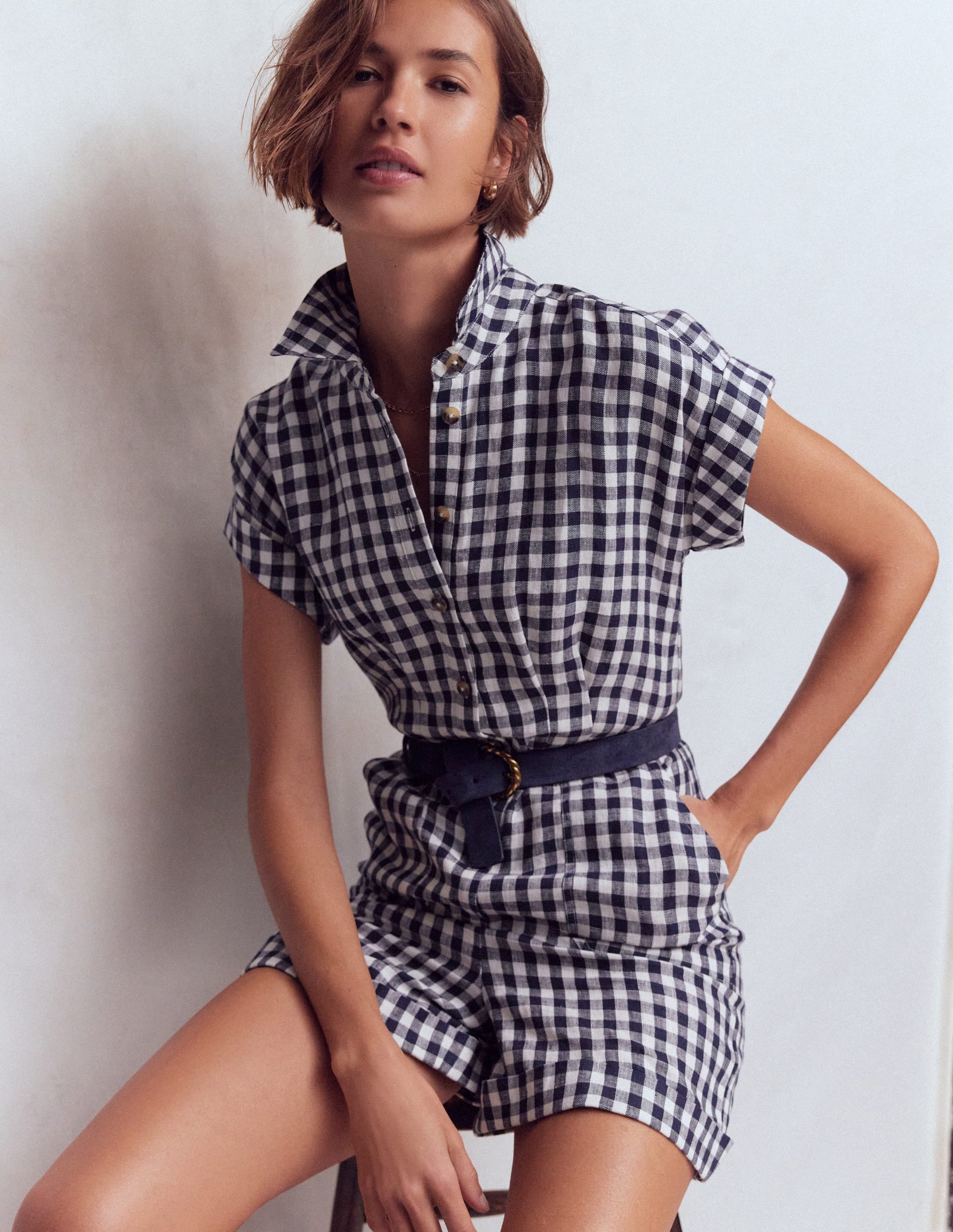 Kay Leinen-Jumpsuit-Marineblau, Naturweiß Vichykaro - Image 1