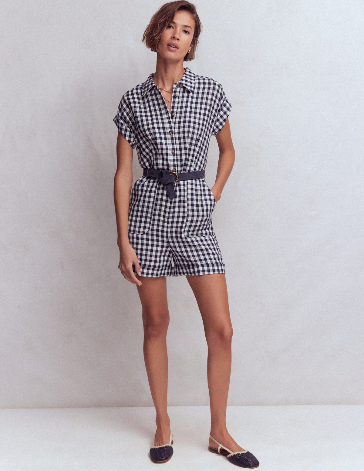 Kay Leinen-Jumpsuit-Marineblau, Naturweiß Vichykaro - Image 4