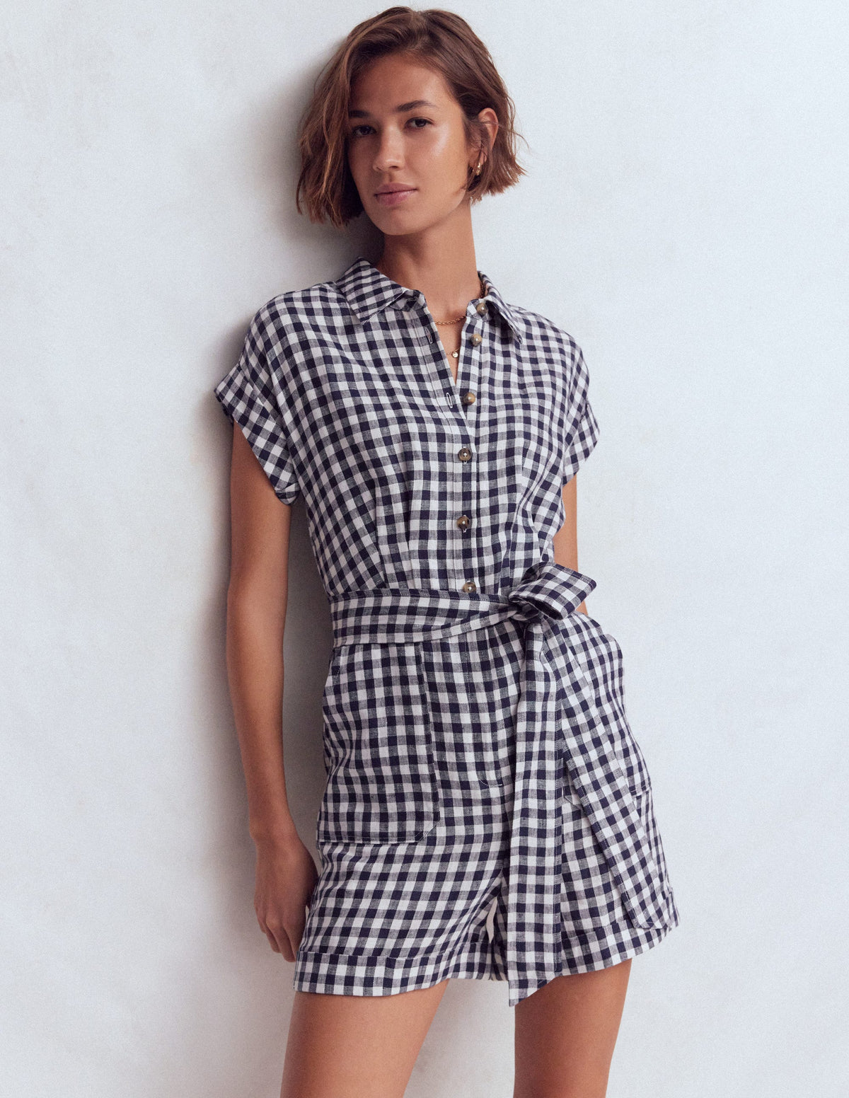 Kay Leinen-Jumpsuit-Marineblau, Naturweiß Vichykaro - Image 5