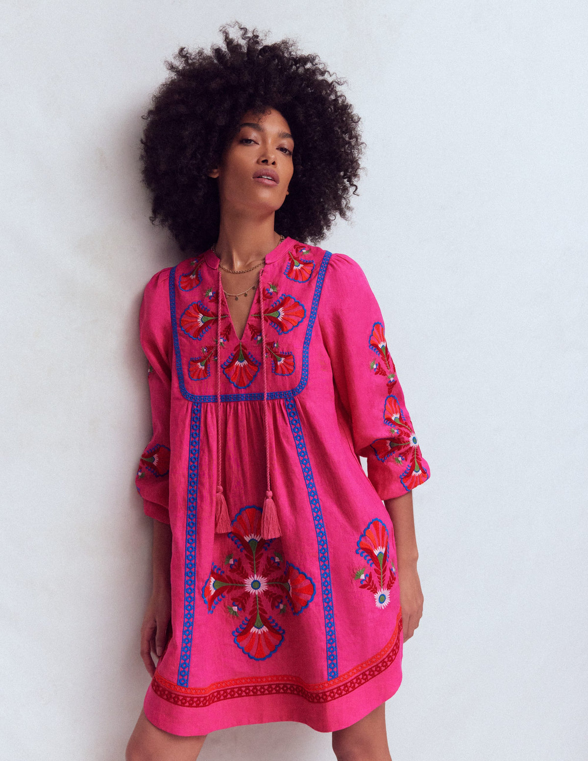 Pia Linen Blend Yoke Dress-Pink Embroidery-1