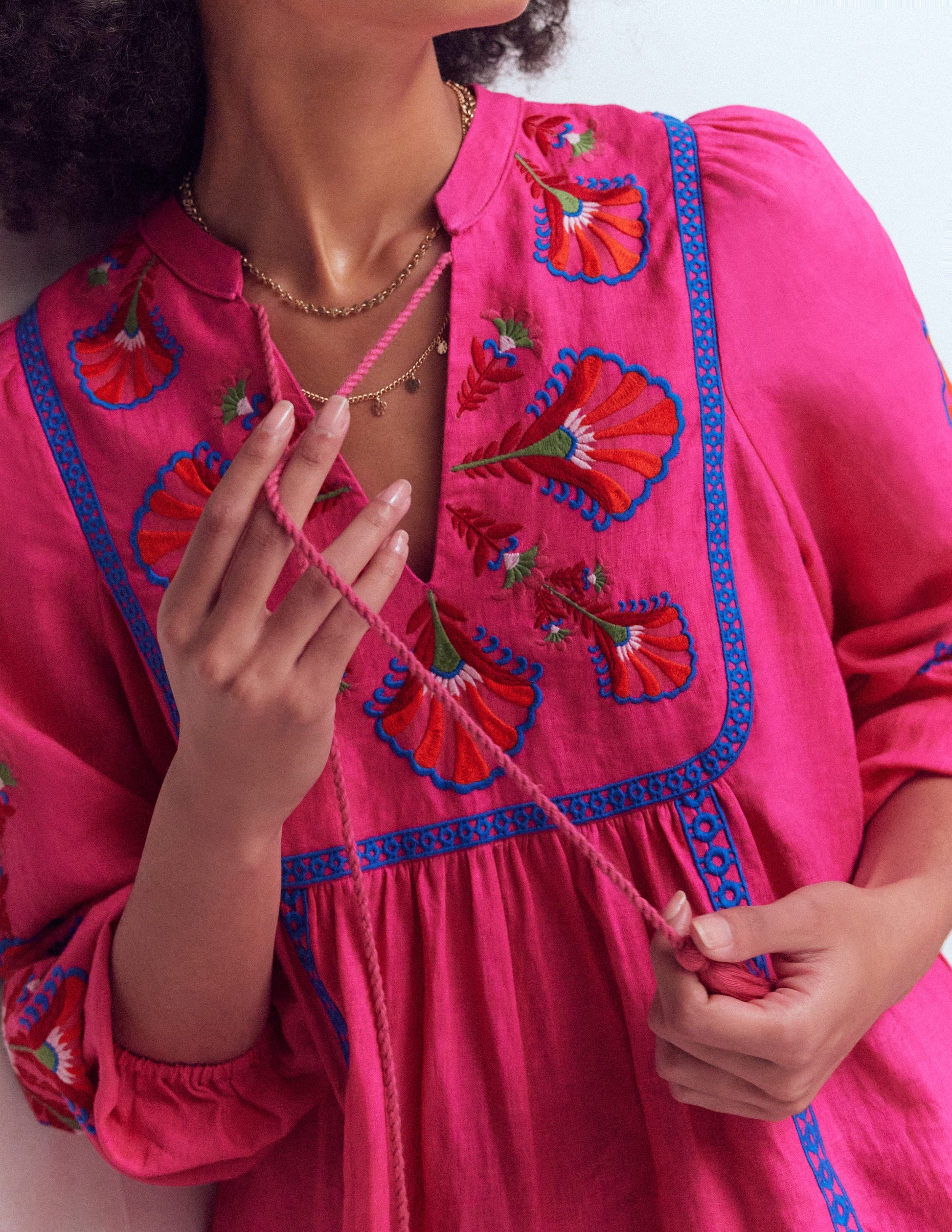 Pia Linen Blend Yoke Dress-Pink Embroidery-2