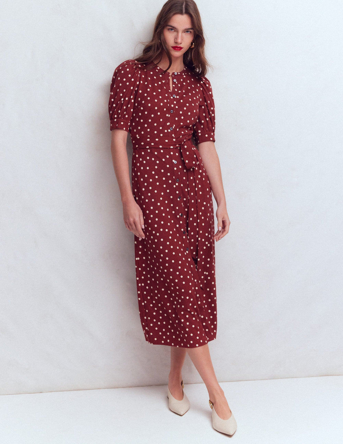 Ponte-Hemdblusenkleid mit Puffärmeln-Rote Birne, Gemalte Tupfen-4