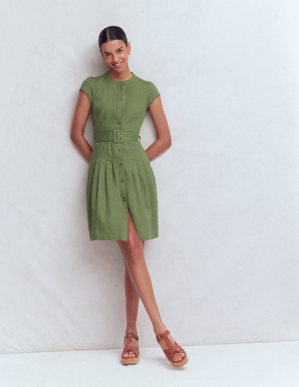 Arabella Kurzes Leinenkleid-Dunkles Teichgrün-1
