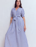Robe double-étoffe à manches bouffantes-Rayé bleu ivoire