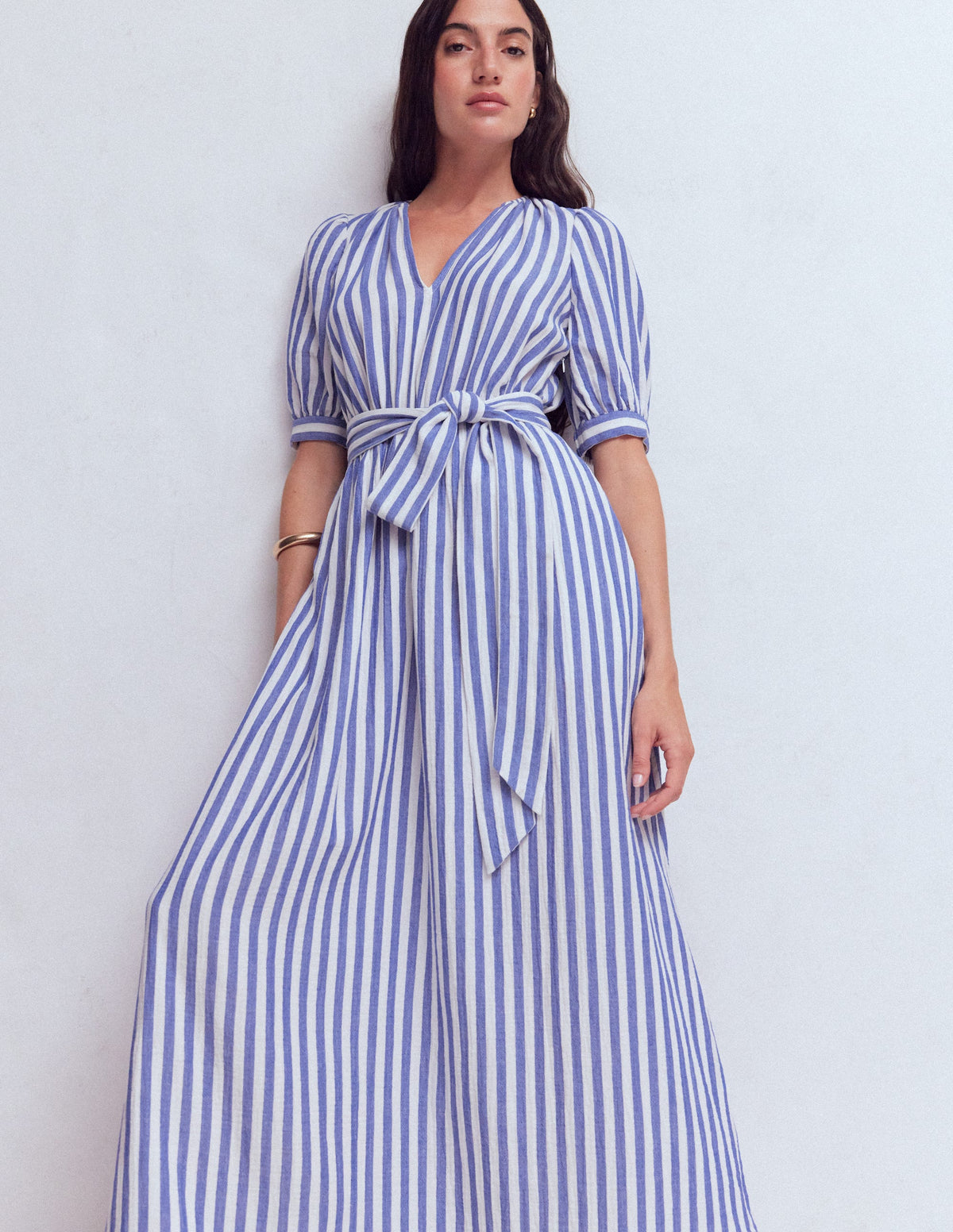 Robe double-étoffe à manches bouffantes-Rayé bleu ivoire-1