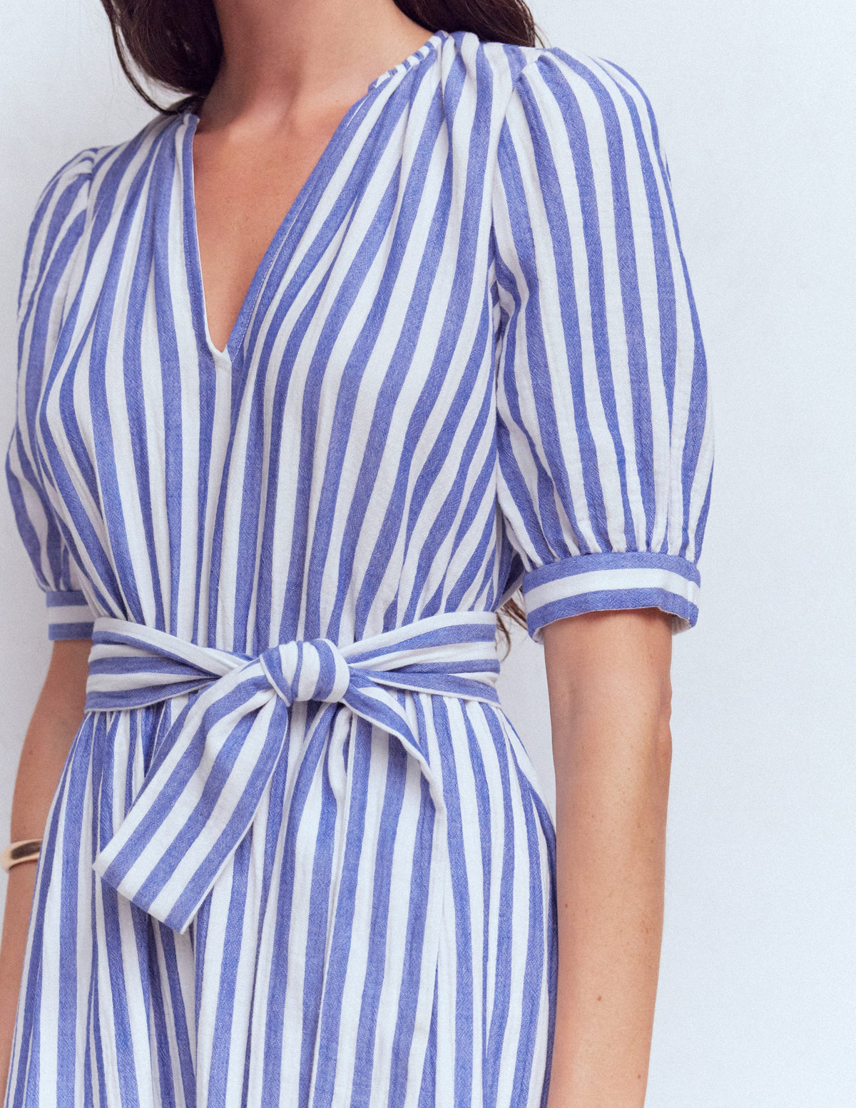 Robe double-étoffe à manches bouffantes-Rayé bleu ivoire-3