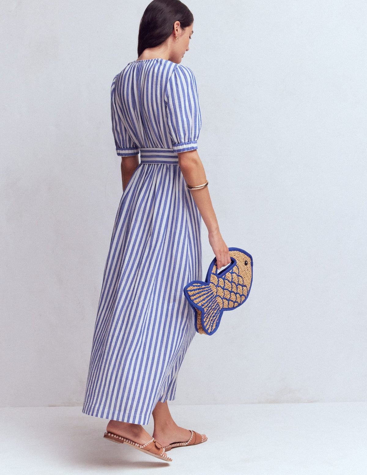 Robe double-étoffe à manches bouffantes-Rayé bleu ivoire - Image 4
