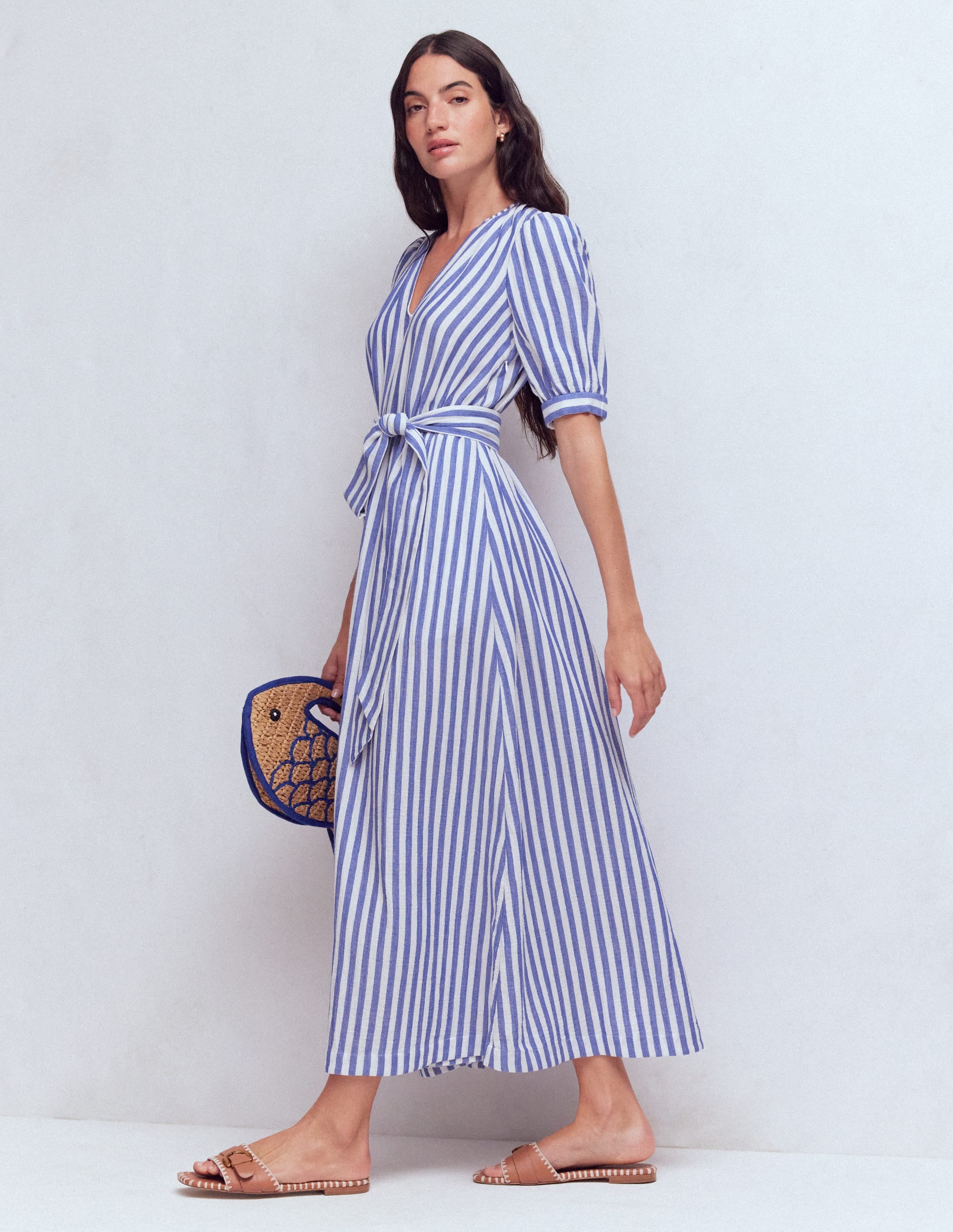 Robe double-étoffe à manches bouffantes-Rayé bleu ivoire - Image 5