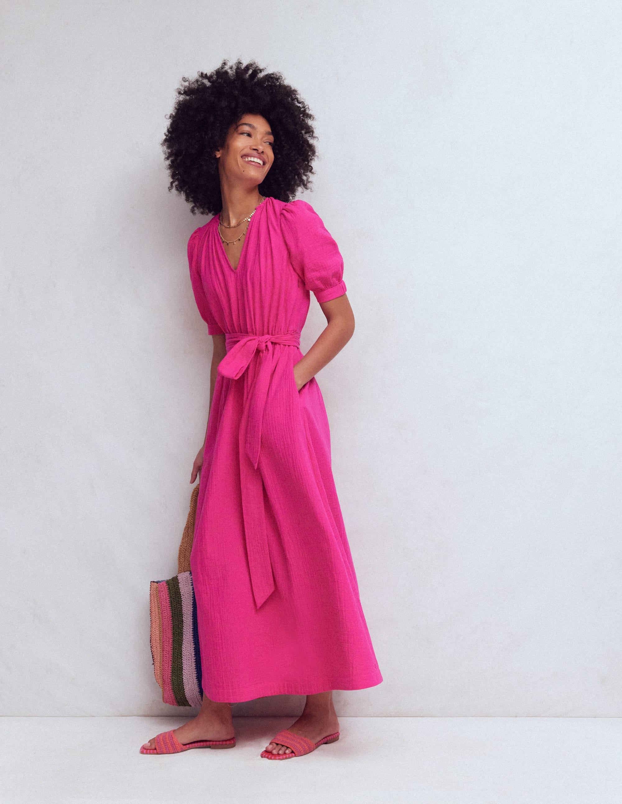 Double Cloth Puff Sleeve Dress-Bright Pink - Image 1