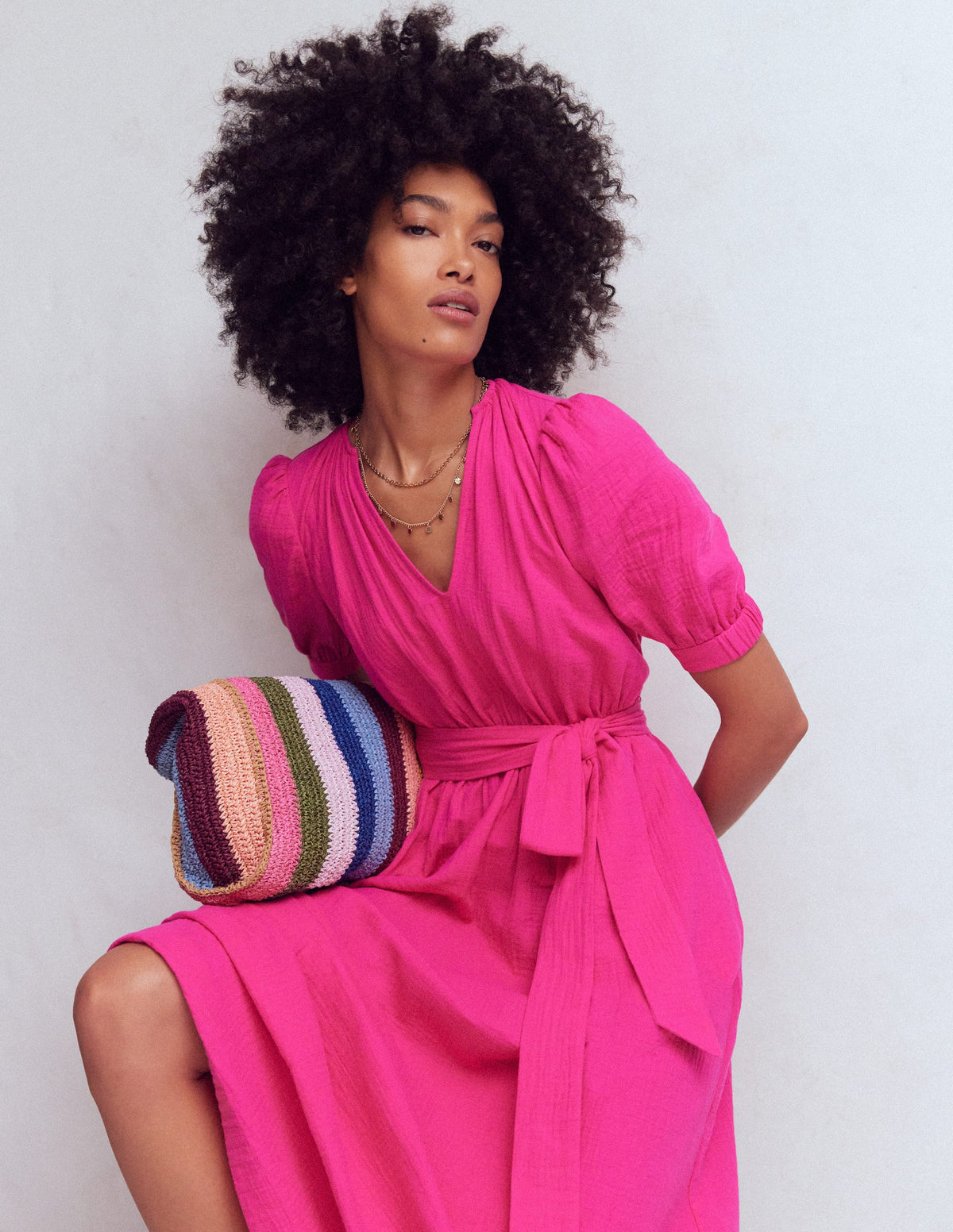 Double Cloth Puff Sleeve Dress-Bright Pink - Image 4