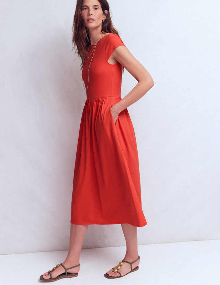 Robe col bateau en mélange de tissus-Orange sanguine