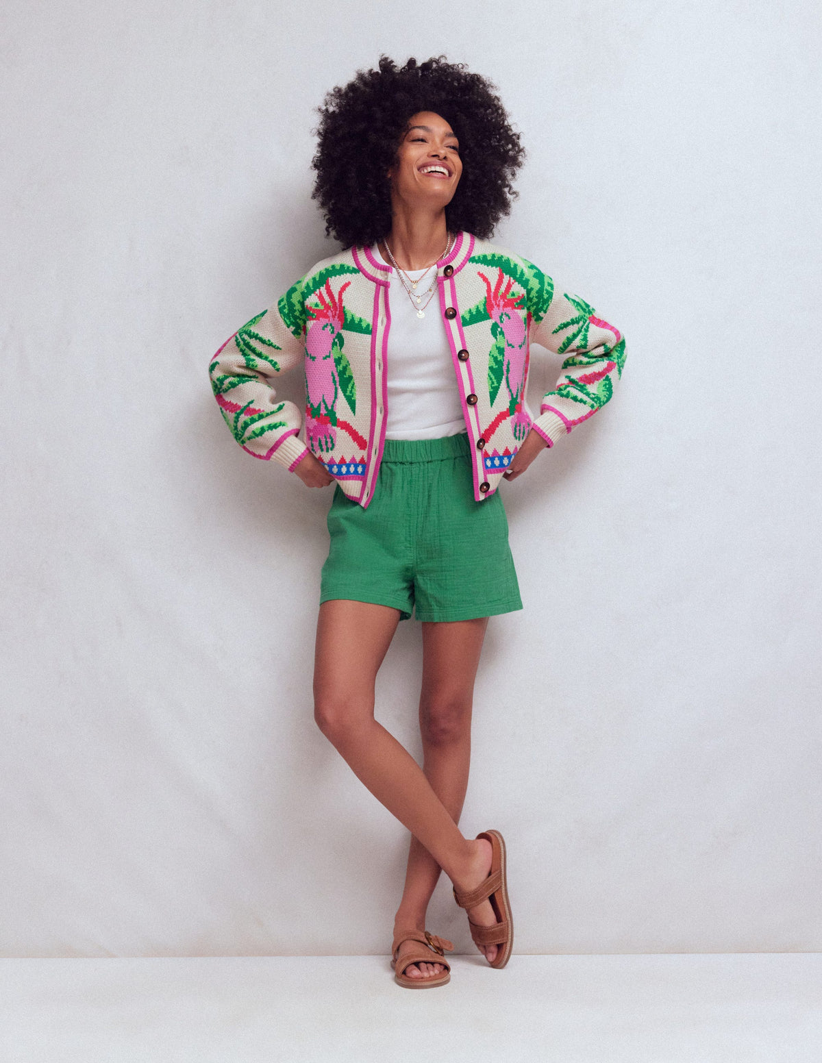 Abi Jacquard-Strickjacke-Warmes Naturweiß, Palmen Vögel-1